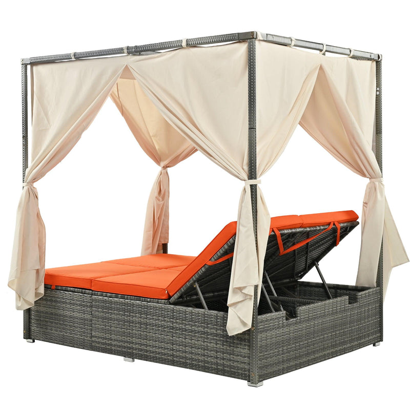 Adjustable Sun Bed With Beige Curtain and Orange Cushion - Urban Living Furniture (Los Angeles, CA)