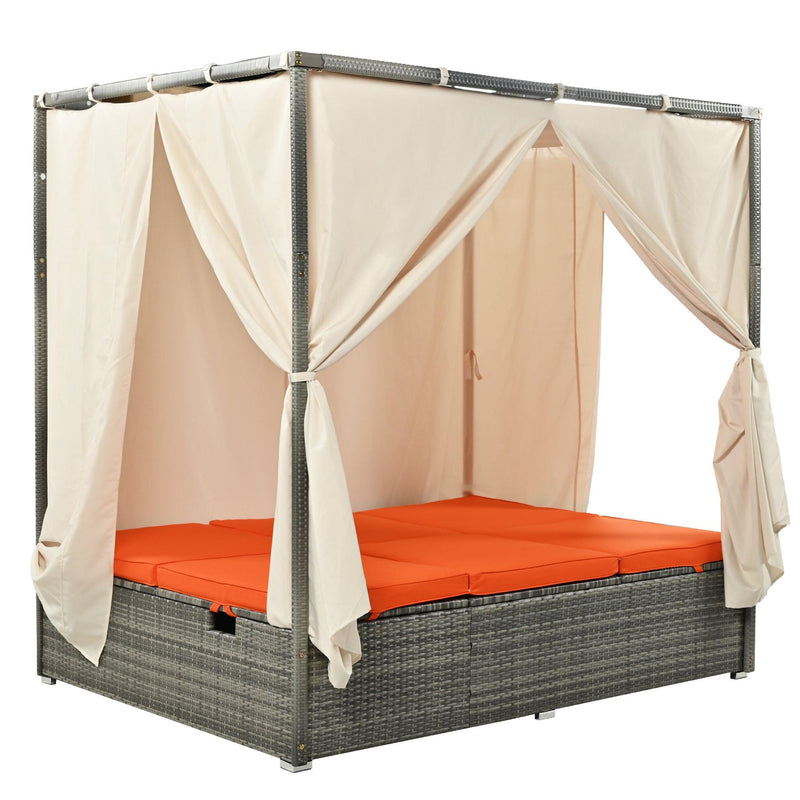 Adjustable Sun Bed With Beige Curtain and Orange Cushion - Urban Living Furniture (Los Angeles, CA)