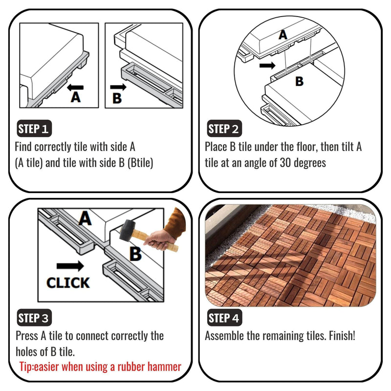 10 PCS Outdoor Square Brown Acacia Hardwood 12" x 12" Interlocking Deck Tiles Checker Pattern - Urban Living Furniture (Los Angeles, CA)