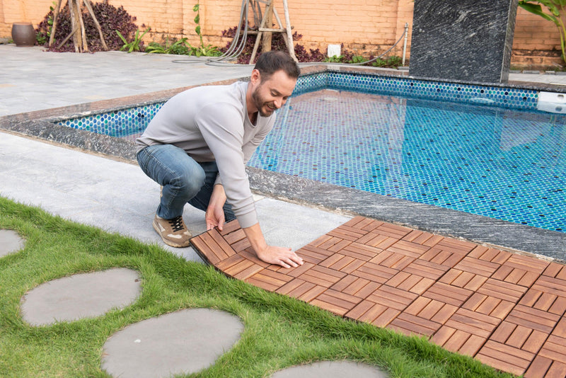 10 PCS Outdoor Square Brown Acacia Hardwood 12" x 12" Interlocking Deck Tiles Checker Pattern - Urban Living Furniture (Los Angeles, CA)