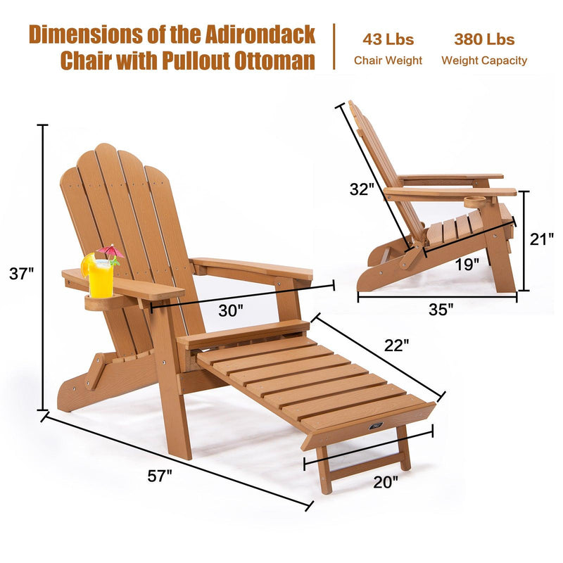 Folding Outdoor Poly Lumber Adirondack Chair with Pullout Ottoman and Cup Holder - Brown