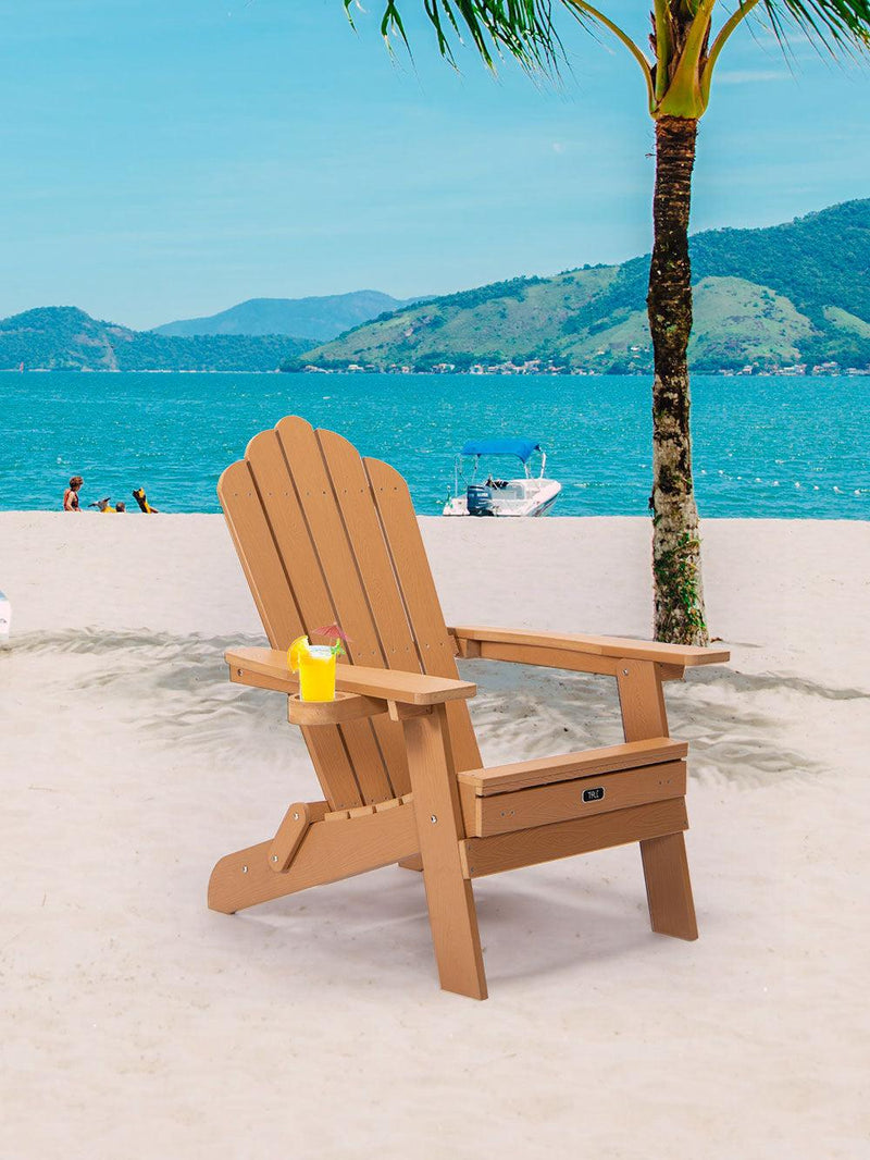 Folding Outdoor Poly Lumber Adirondack Chair with Pullout Ottoman and Cup Holder - Brown - Urban Living Furniture (Los Angeles, CA)