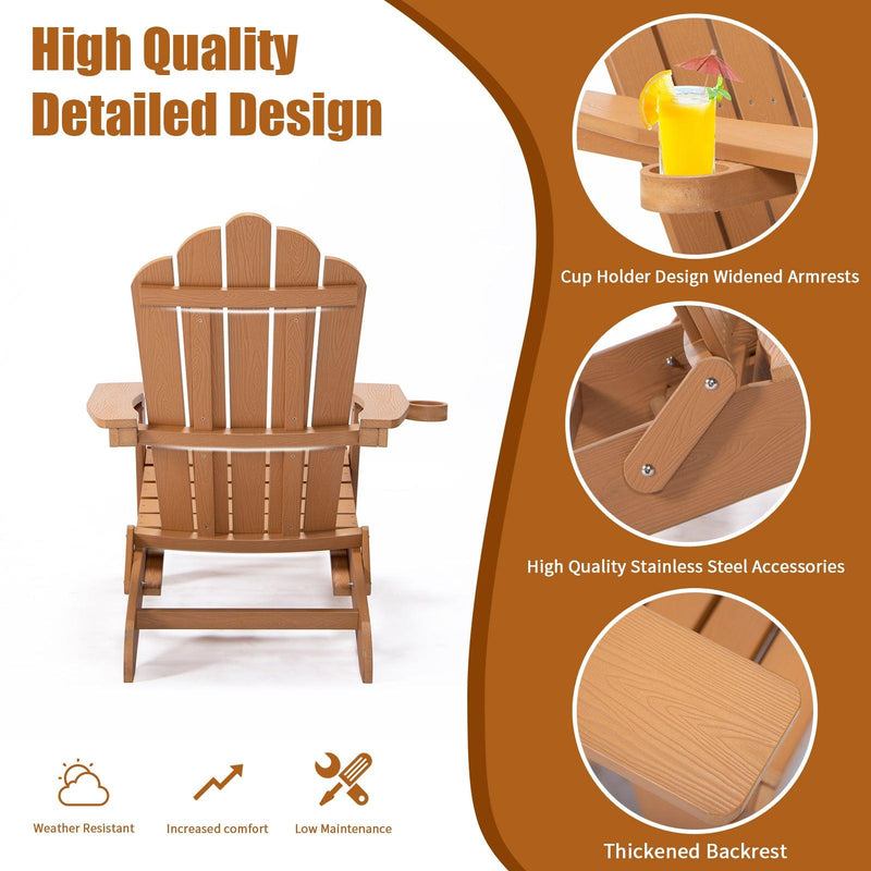 Folding Outdoor Poly Lumber Adirondack Chair with Pullout Ottoman and Cup Holder - Brown