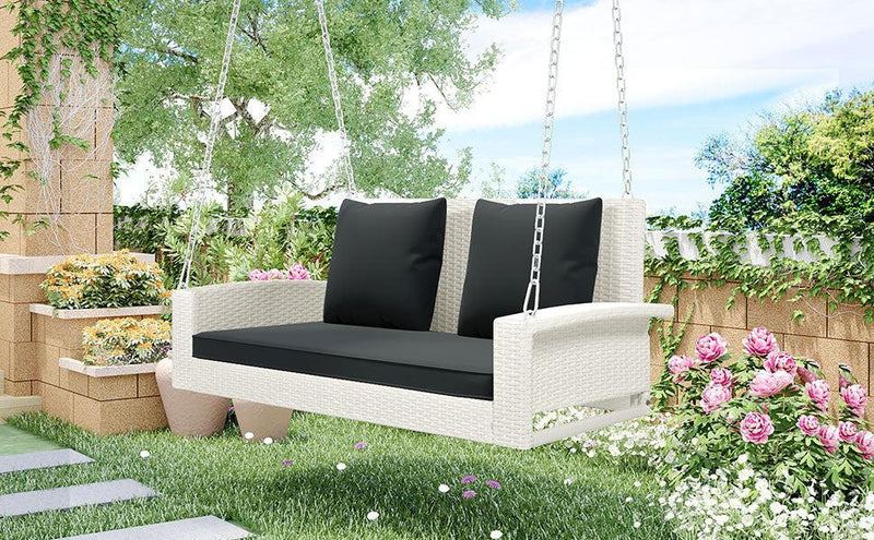 2-Person White Wicker Hanging Porch Swing with Chains, Black Cushions and Pillows