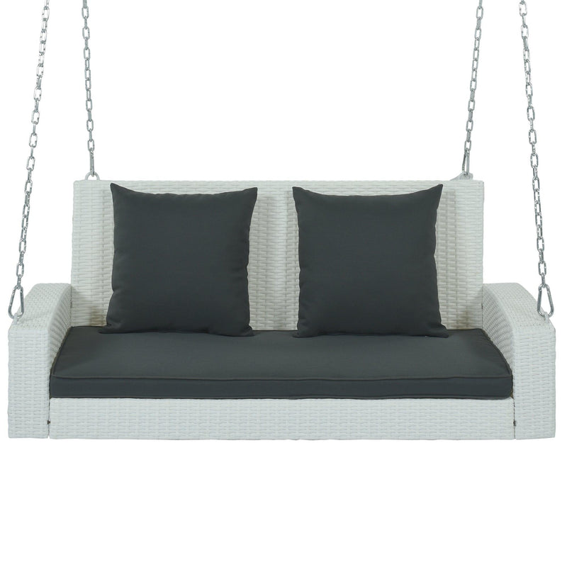 2-Person White Wicker Hanging Porch Swing with Chains, Black Cushions and Pillows