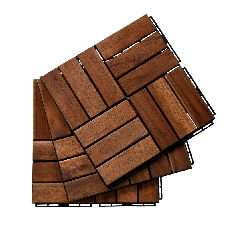 10 PCS Outdoor Square Brown Acacia Hardwood 12" x 12" Interlocking Deck Tiles Checker Pattern - Urban Living Furniture (Los Angeles, CA)