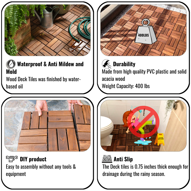 10 PCS Outdoor Square Brown Acacia Hardwood 12" x 12" Interlocking Deck Tiles Checker Pattern - Urban Living Furniture (Los Angeles, CA)