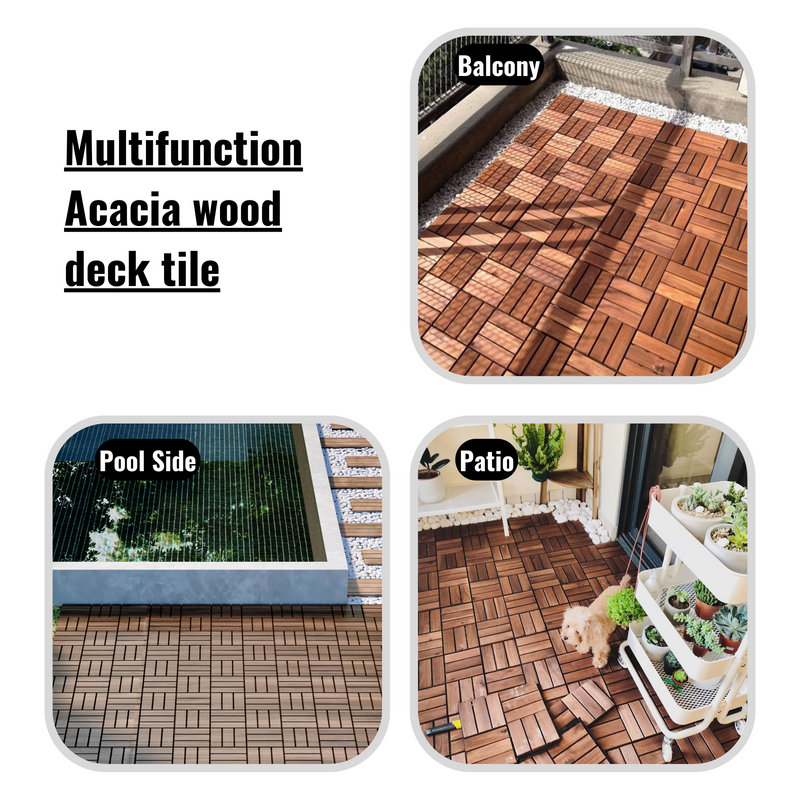 10 PCS Outdoor Square Brown Acacia Hardwood 12" x 12" Interlocking Deck Tiles Checker Pattern - Urban Living Furniture (Los Angeles, CA)