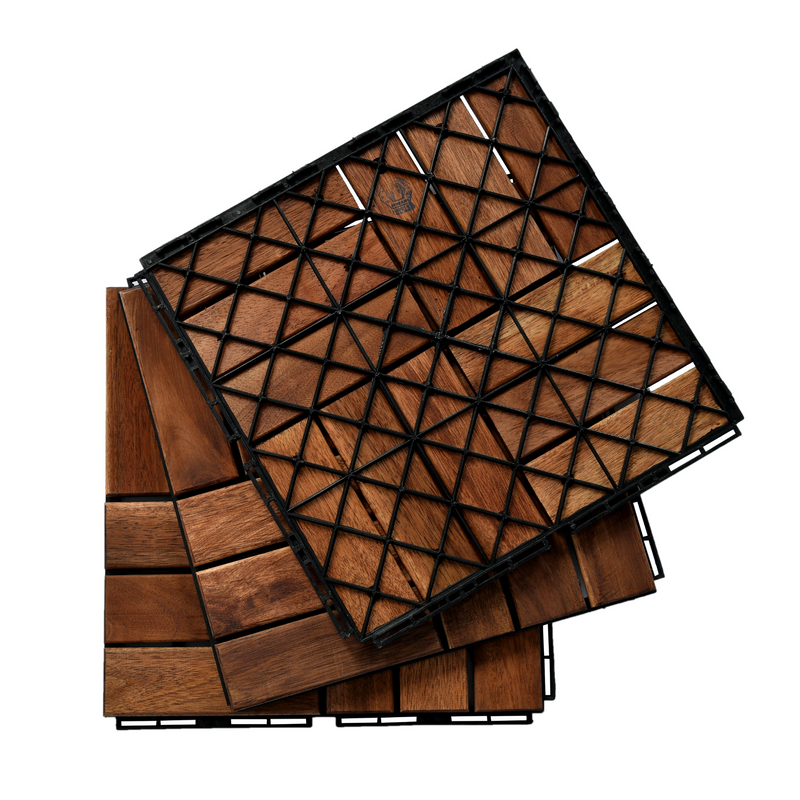 10 PCS Outdoor Square Brown Acacia Hardwood 12" x 12" Interlocking Deck Tiles Checker Pattern - Urban Living Furniture (Los Angeles, CA)