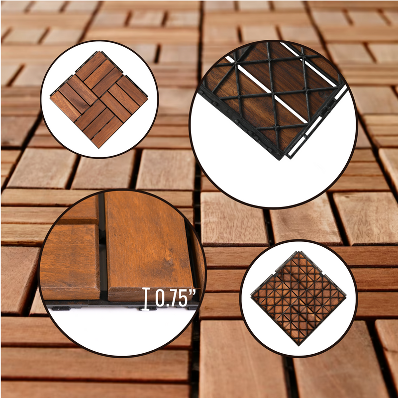 10 PCS Outdoor Square Brown Acacia Hardwood 12" x 12" Interlocking Deck Tiles Checker Pattern - Urban Living Furniture (Los Angeles, CA)