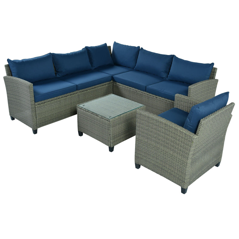 5 PCS Outdoor Patio Sectional Sofa Set with Coffee Table, Blue Cushions and Single Chair - Urban Living Furniture (Los Angeles, CA)