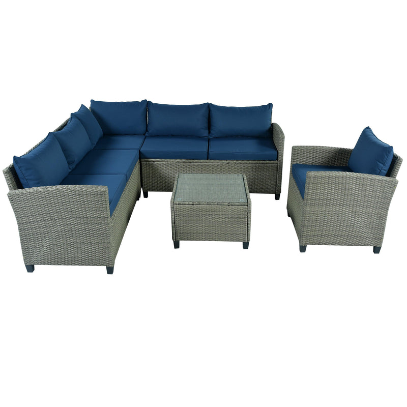 5 PCS Outdoor Patio Sectional Sofa Set with Coffee Table, Blue Cushions and Single Chair