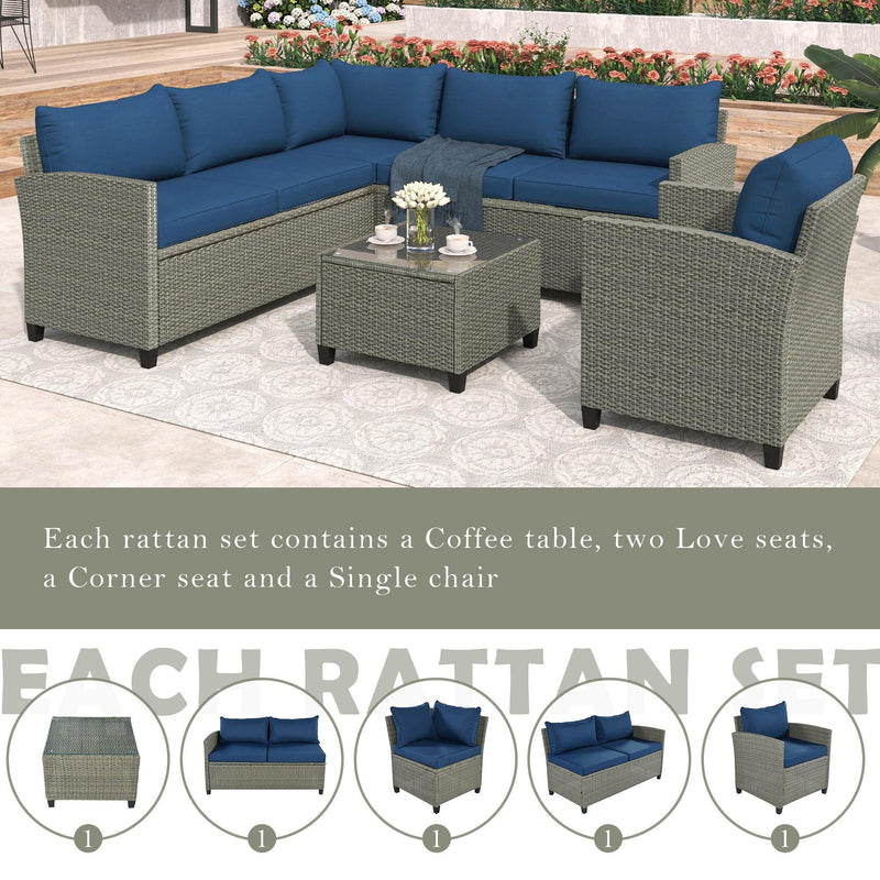 5 PCS Outdoor Patio Sectional Sofa Set with Coffee Table, Blue Cushions and Single Chair