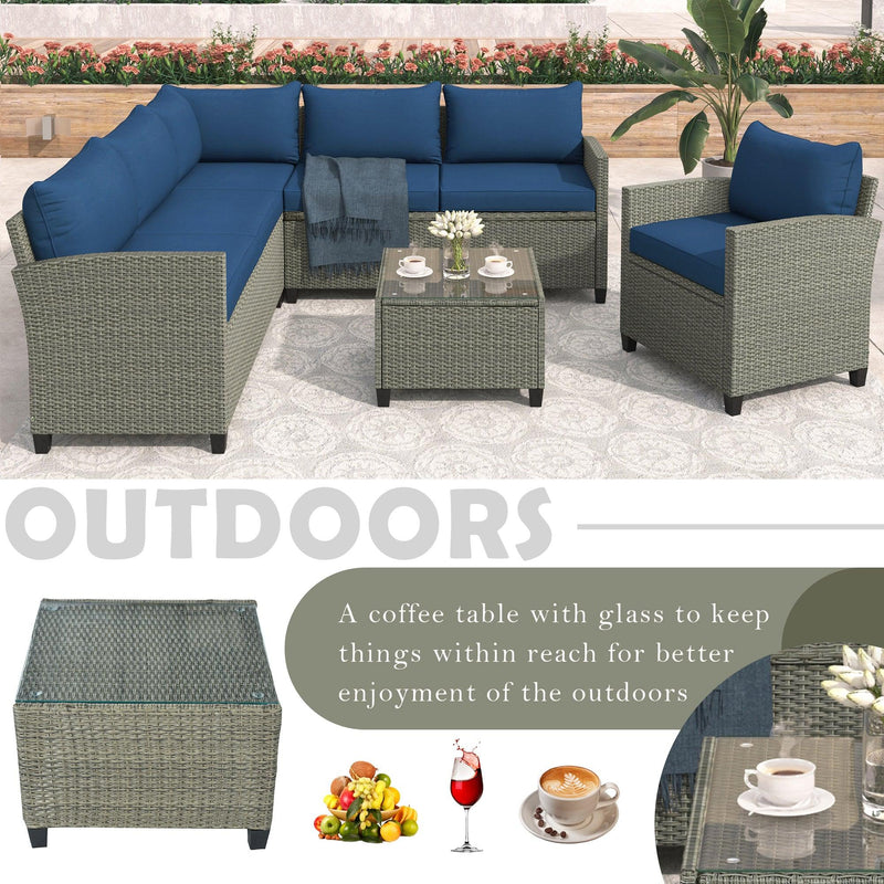 5 PCS Outdoor Patio Sectional Sofa Set with Coffee Table, Blue Cushions and Single Chair - Urban Living Furniture (Los Angeles, CA)