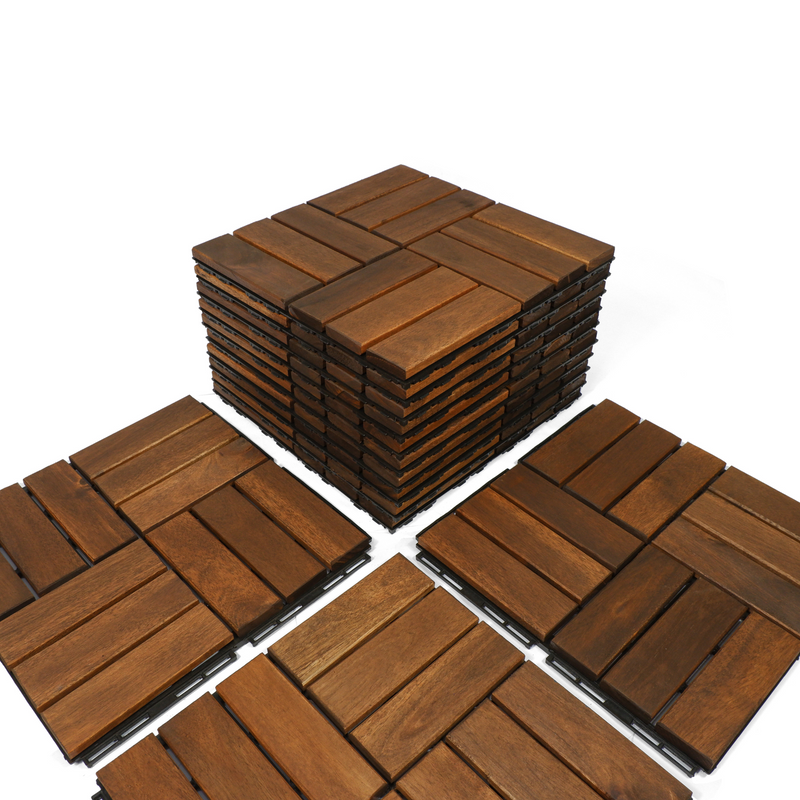 10 PCS Outdoor Square Brown Acacia Hardwood 12" x 12" Interlocking Deck Tiles Checker Pattern - Urban Living Furniture (Los Angeles, CA)