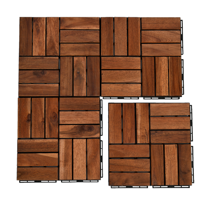 10 PCS Outdoor Square Brown Acacia Hardwood 12" x 12" Interlocking Deck Tiles Checker Pattern - Urban Living Furniture (Los Angeles, CA)