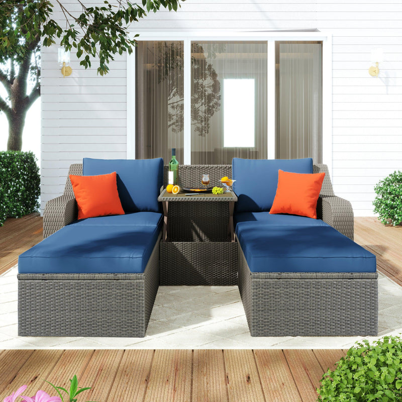 3PCS Outdoor Patio Rattan Wicker Sofa with Ottomansm Blue Cushions, and Lifted Top Coffee Table - Urban Living Furniture (Los Angeles, CA)