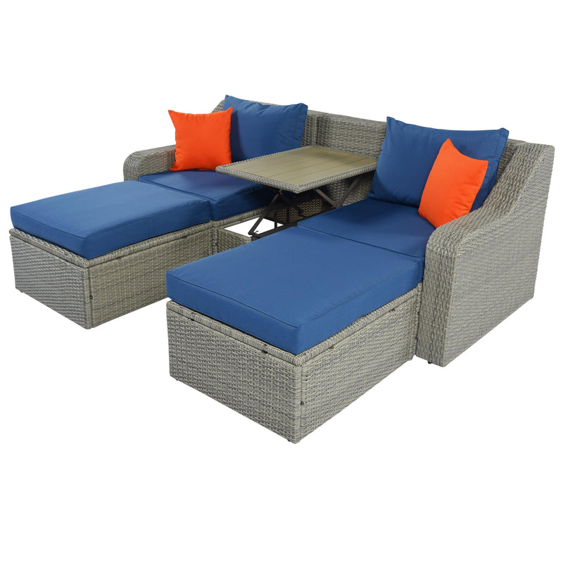 3PCS Outdoor Patio Rattan Wicker Sofa with Ottomansm Blue Cushions, and Lifted Top Coffee Table - Urban Living Furniture (Los Angeles, CA)