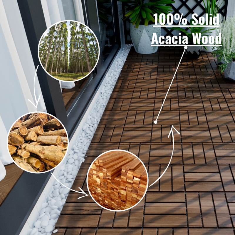 10 PCS Outdoor Square Brown Acacia Hardwood 12" x 12" Interlocking Deck Tiles Checker Pattern - Urban Living Furniture (Los Angeles, CA)