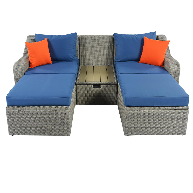 3PCS Outdoor Patio Rattan Wicker Sofa with Ottomansm Blue Cushions, and Lifted Top Coffee Table - Urban Living Furniture (Los Angeles, CA)