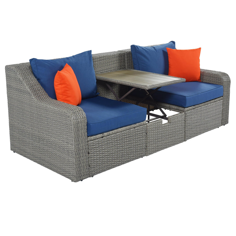 3PCS Outdoor Patio Rattan Wicker Sofa with Ottomansm Blue Cushions, and Lifted Top Coffee Table - Urban Living Furniture (Los Angeles, CA)