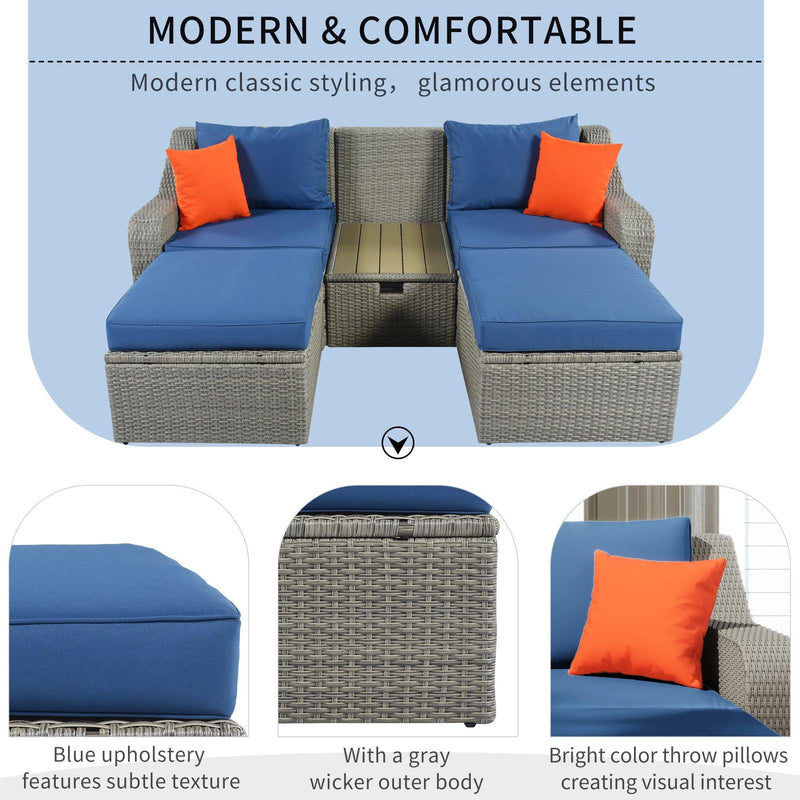 3PCS Outdoor Patio Rattan Wicker Sofa with Ottomansm Blue Cushions, and Lifted Top Coffee Table - Urban Living Furniture (Los Angeles, CA)