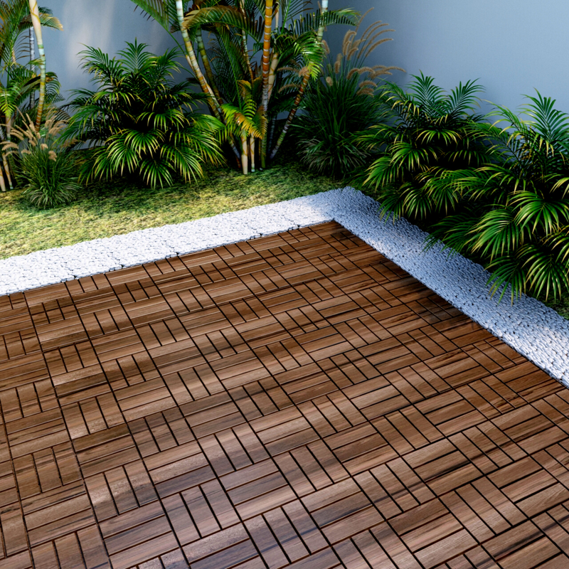 10 PCS Outdoor Square Brown Acacia Hardwood 12" x 12" Interlocking Deck Tiles Checker Pattern - Urban Living Furniture (Los Angeles, CA)