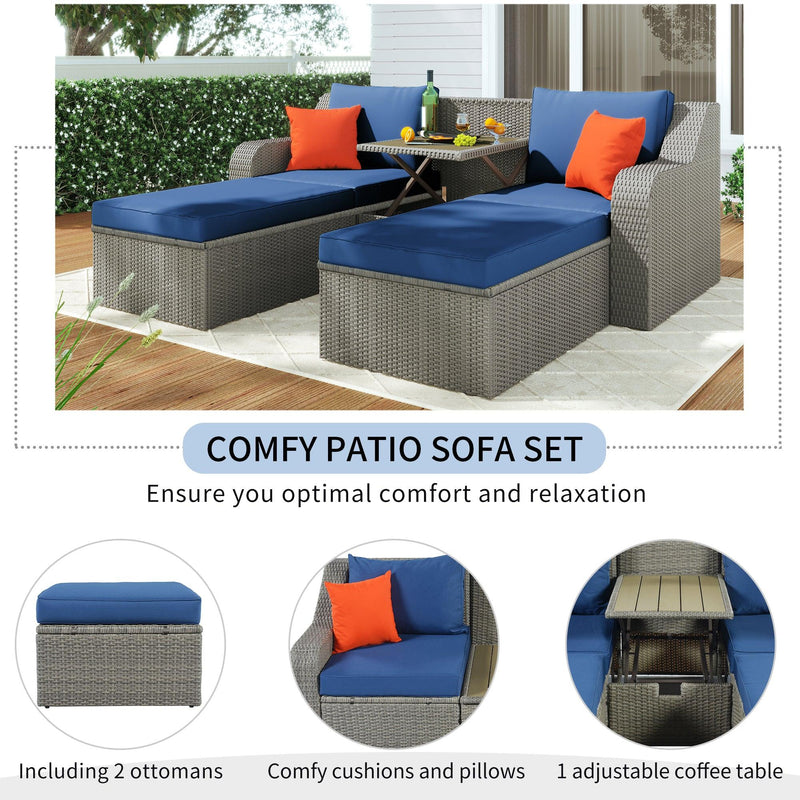 3PCS Outdoor Patio Rattan Wicker Sofa with Ottomansm Blue Cushions, and Lifted Top Coffee Table - Urban Living Furniture (Los Angeles, CA)