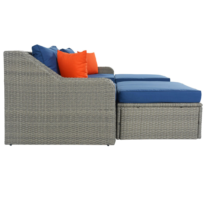 3PCS Outdoor Patio Rattan Wicker Sofa with Ottomansm Blue Cushions, and Lifted Top Coffee Table - Urban Living Furniture (Los Angeles, CA)