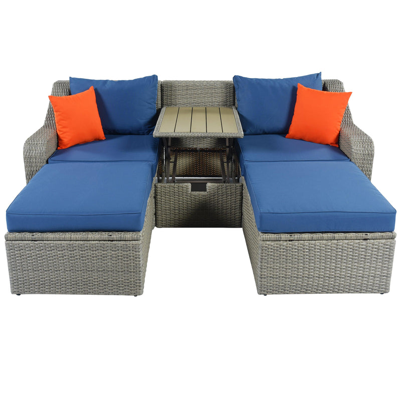 3PCS Outdoor Patio Rattan Wicker Sofa with Ottomansm Blue Cushions, and Lifted Top Coffee Table - Urban Living Furniture (Los Angeles, CA)