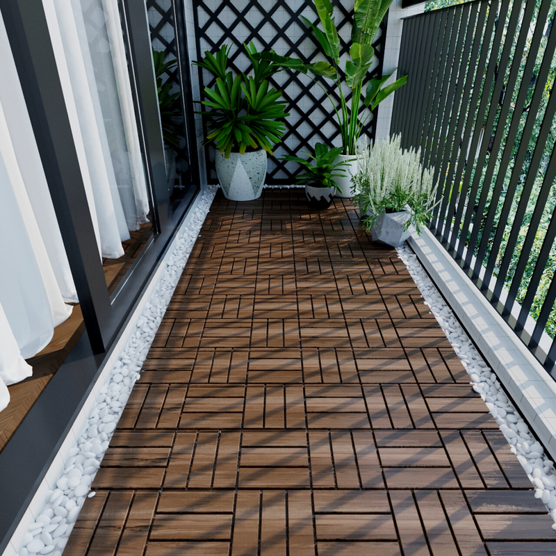 10 PCS Outdoor Square Brown Acacia Hardwood 12" x 12" Interlocking Deck Tiles Checker Pattern - Urban Living Furniture (Los Angeles, CA)