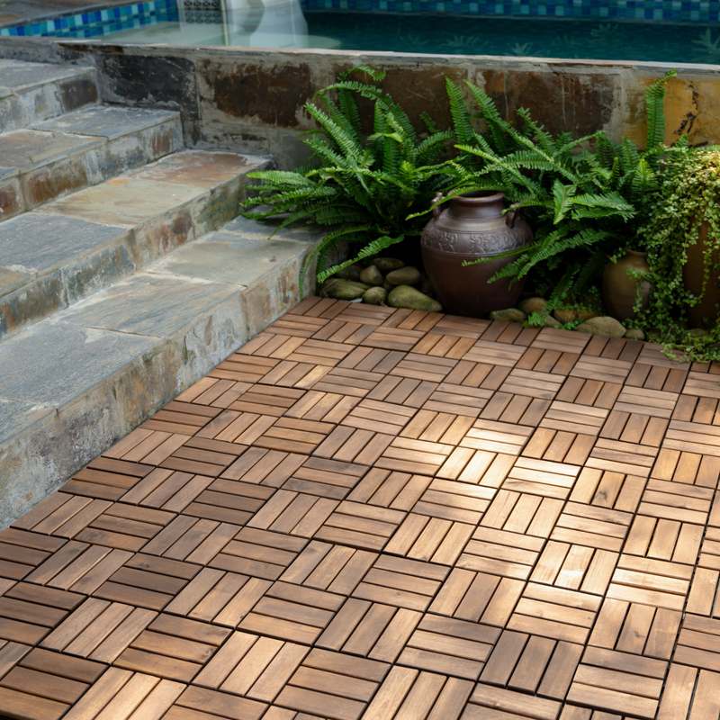 10 PCS Outdoor Square Brown Acacia Hardwood 12" x 12" Interlocking Deck Tiles Checker Pattern - Urban Living Furniture (Los Angeles, CA)