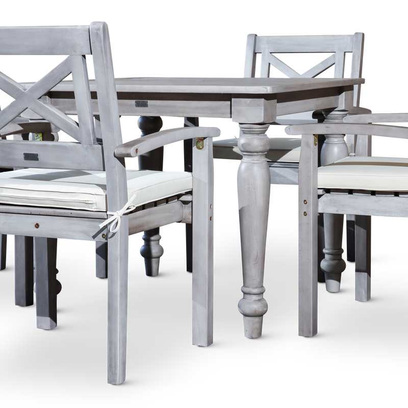 5 PCS Square Silver Gray Finish Dining Set with X-back Styling on Armchairs