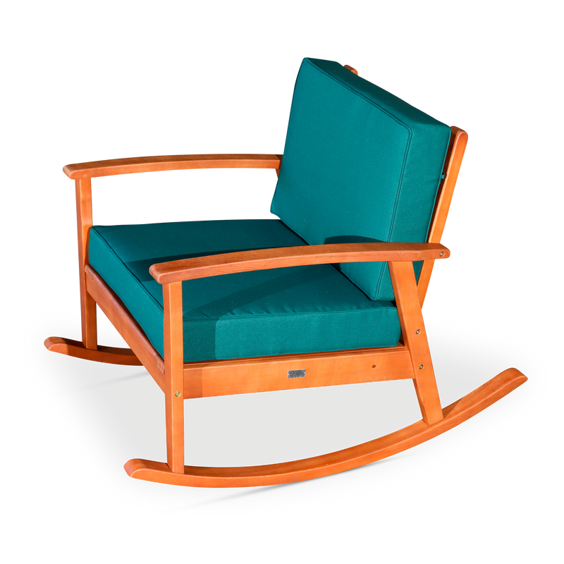 Eucalyptus Rocking Chair with Cushions - Natural Oil Finish - Dark Green Cushions