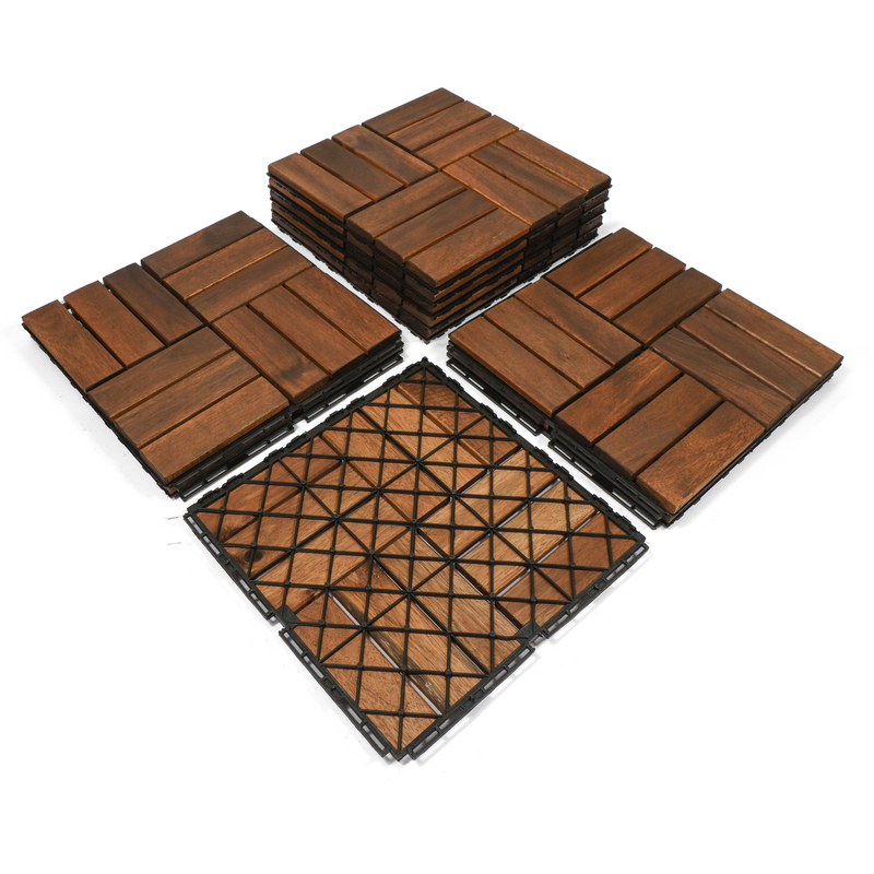 10 PCS Outdoor Square Brown Acacia Hardwood 12" x 12" Interlocking Deck Tiles Checker Pattern - Urban Living Furniture (Los Angeles, CA)