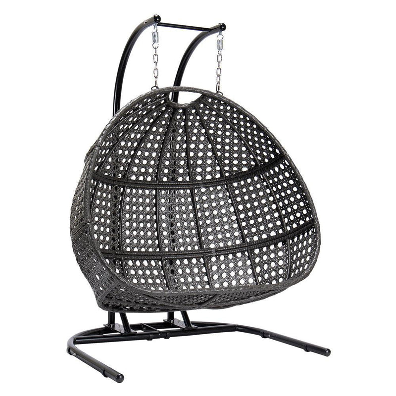 Charcoal Rattan Wicker Hanging Double-Seat Swing Chair with Stand and Dust Blue Cushion - Urban Living Furniture (Los Angeles, CA)