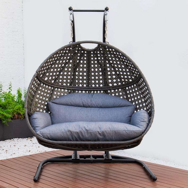 Charcoal Rattan Wicker Hanging Double-Seat Swing Chair with Stand and Dust Blue Cushion