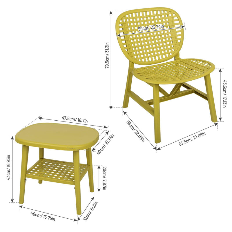 3 PCS Hollow Design Retro Outdoor Patio Tea Table and Chair Set - Yellow - Urban Living Furniture (Los Angeles, CA)