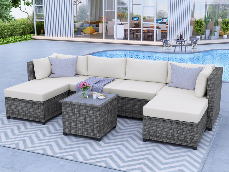 7 PCS Outdoor Rattan Sectional Seating Group with Beige Cushions