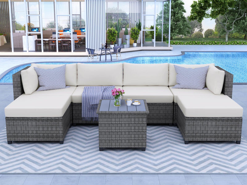 7 PCS Outdoor Rattan Sectional Seating Group with Beige Cushions