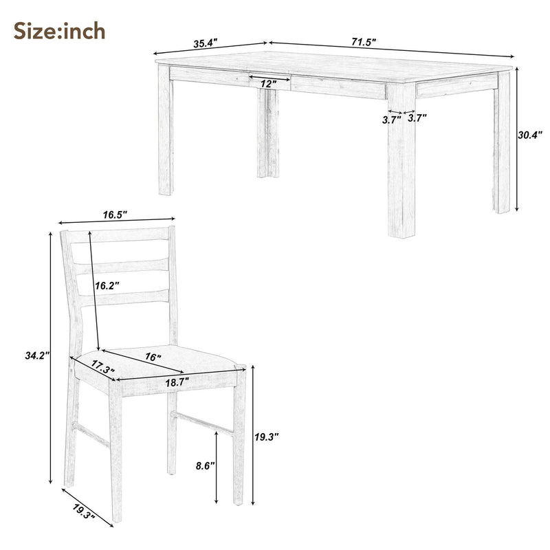 7-Piece Wooden Dining Table Set Mutifunctional Extendable Table with 12” Leaf and 2 Drawers, 6 Dining Chairs with Soft Cushion (Brown + White) - Urban Living Furniture (Los Angeles, CA)