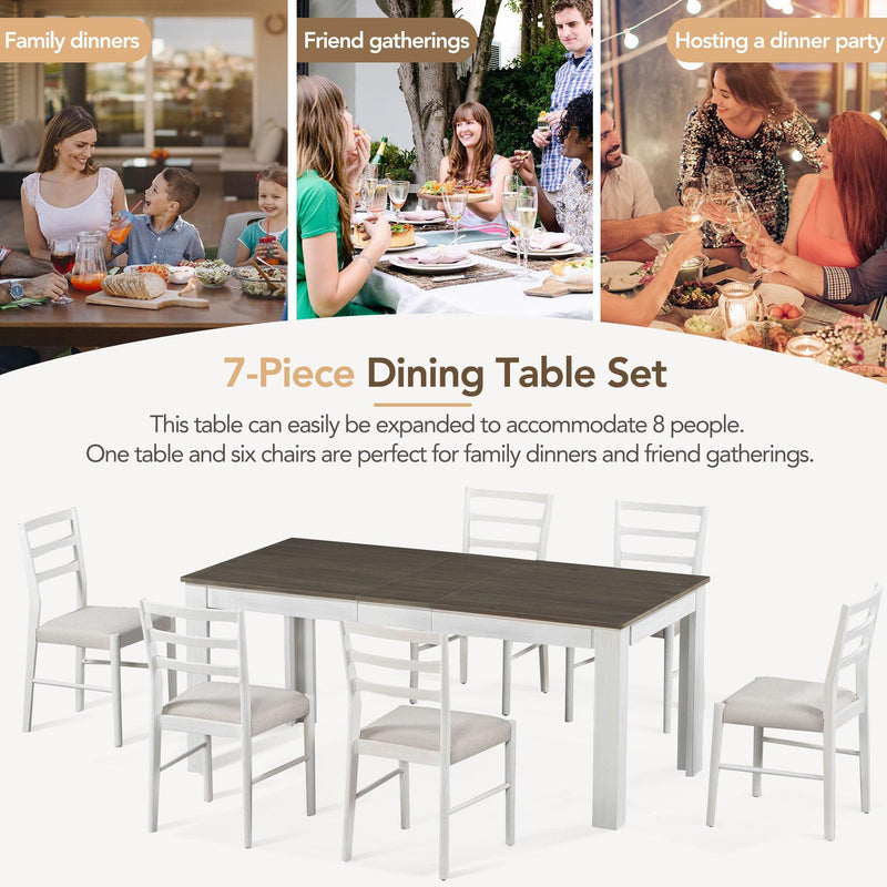 7-Piece Wooden Dining Table Set Mutifunctional Extendable Table with 12” Leaf and 2 Drawers, 6 Dining Chairs with Soft Cushion (Brown + White) - Urban Living Furniture (Los Angeles, CA)