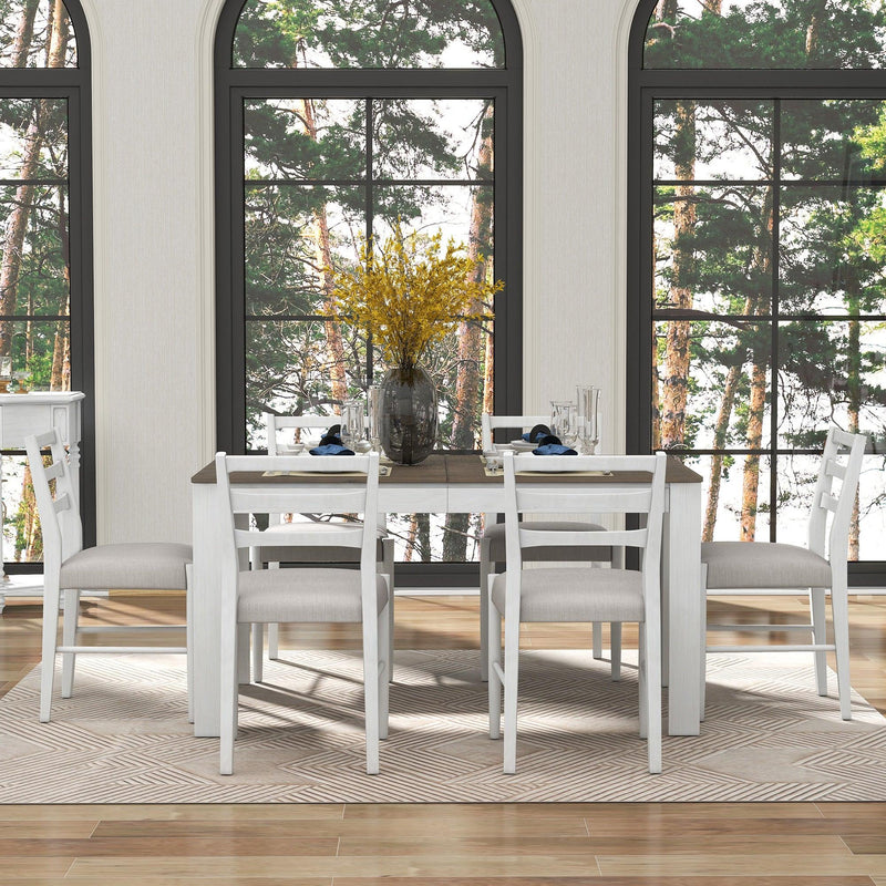 7-Piece Wooden Dining Table Set Mutifunctional Extendable Table with 12” Leaf and 2 Drawers, 6 Dining Chairs with Soft Cushion (Brown + White) - Urban Living Furniture (Los Angeles, CA)