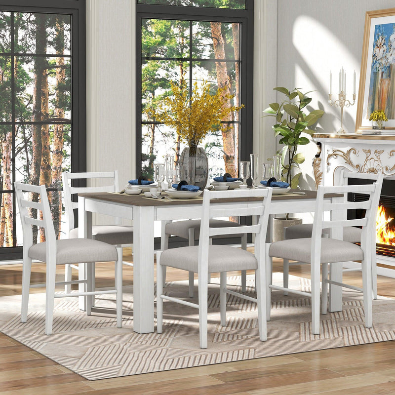 7-Piece Wooden Dining Table Set Mutifunctional Extendable Table with 12” Leaf and 2 Drawers, 6 Dining Chairs with Soft Cushion (Brown + White) - Urban Living Furniture (Los Angeles, CA)