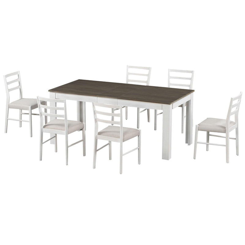 7-Piece Wooden Dining Table Set Mutifunctional Extendable Table with 12” Leaf and 2 Drawers, 6 Dining Chairs with Soft Cushion (Brown + White) - Urban Living Furniture (Los Angeles, CA)