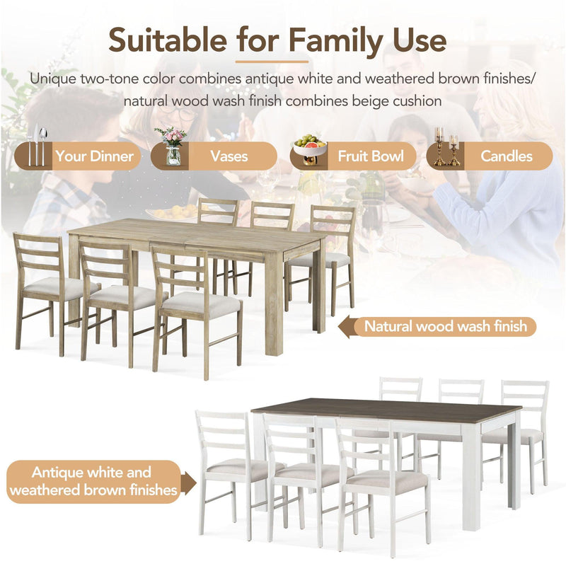 7-Piece Wooden Dining Table Set Mutifunctional Extendable Table with 12” Leaf and 2 Drawers, 6 Dining Chairs with Soft Cushion (Brown + White) - Urban Living Furniture (Los Angeles, CA)