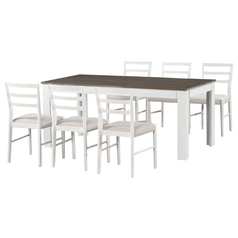 7-Piece Wooden Dining Table Set Mutifunctional Extendable Table with 12” Leaf and 2 Drawers, 6 Dining Chairs with Soft Cushion (Brown + White) - Urban Living Furniture (Los Angeles, CA)