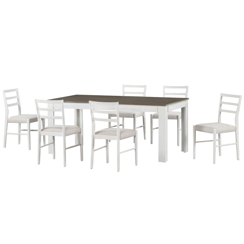 7-Piece Wooden Dining Table Set Mutifunctional Extendable Table with 12” Leaf and 2 Drawers, 6 Dining Chairs with Soft Cushion (Brown + White) - Urban Living Furniture (Los Angeles, CA)