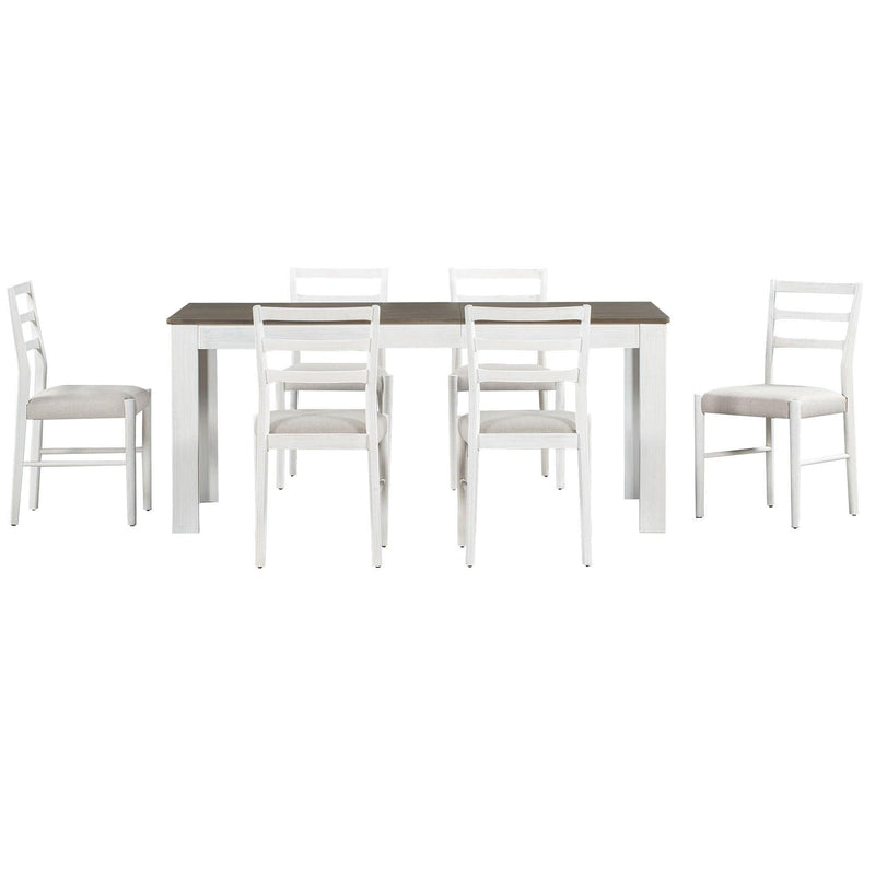 7-Piece Wooden Dining Table Set Mutifunctional Extendable Table with 12” Leaf and 2 Drawers, 6 Dining Chairs with Soft Cushion (Brown + White) - Urban Living Furniture (Los Angeles, CA)