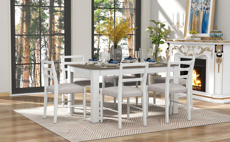 7-Piece Wooden Dining Table Set Mutifunctional Extendable Table with 12” Leaf and 2 Drawers, 6 Dining Chairs with Soft Cushion (Brown + White) - Urban Living Furniture (Los Angeles, CA)